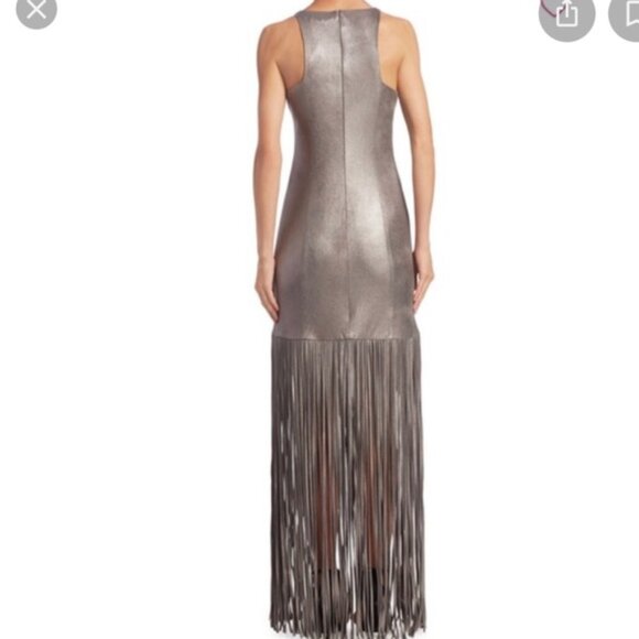 Halston Heritage Gunmetal Fringe Dress Gown, Grey/Silver/Metallic - Picture 3 of 9